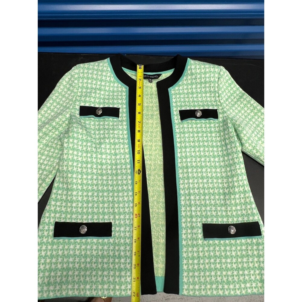 Ming Wang Houndstooth Knit Jacket Women’s Size XS Green Black Nylon - Picture 2 of 7